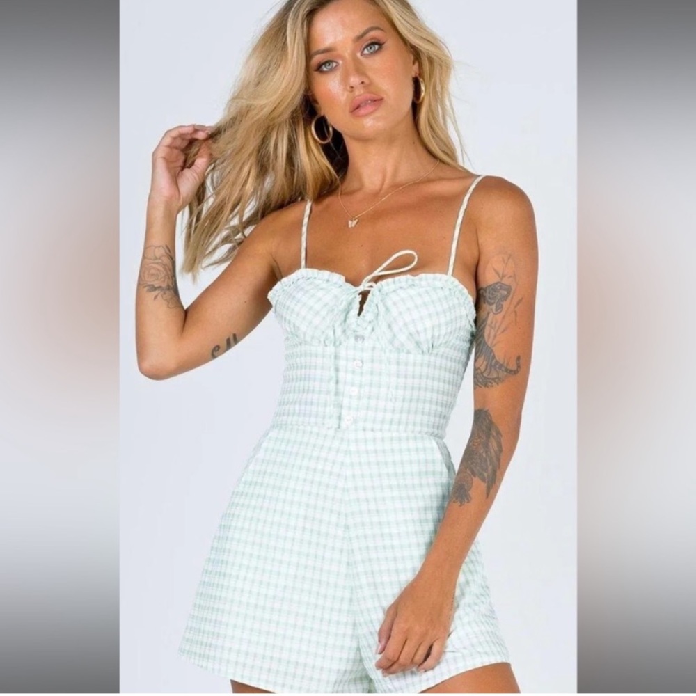 Princess Polly Light Green Gingham Short Romper with Pockets